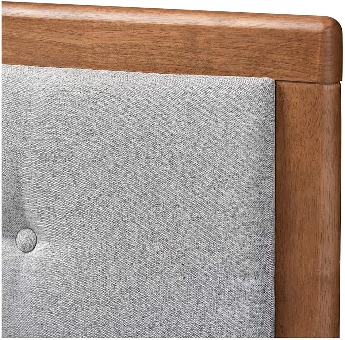 Mid-Century Marvel Fabric Upholstered Walnut Brown Finished Wood Headboard, Wall Mount Headboard Queen/Light Gray