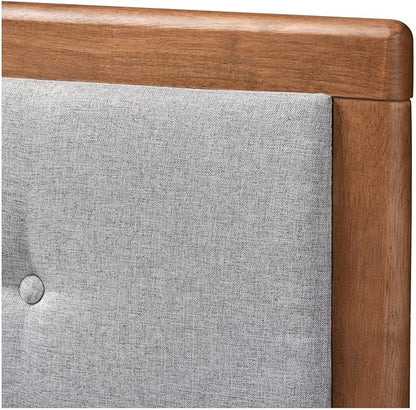 Mid-Century Marvel Fabric Upholstered Walnut Brown Finished Wood Headboard, Wall Mount Headboard Queen/Light Gray