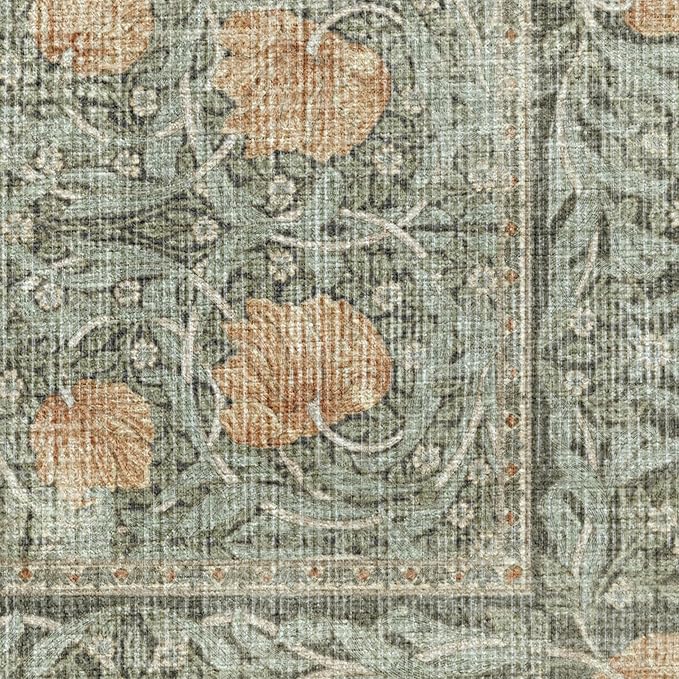 RUGGABLE x Morris & Co Washable Area Rug – Pimpernel Vintage Green 5x7, Stain-Resistant, Non-Slip – Medium Machine Washable Rugs for Living Room, Bedroom, Hallway, Entryway & Office–with Standard Pad