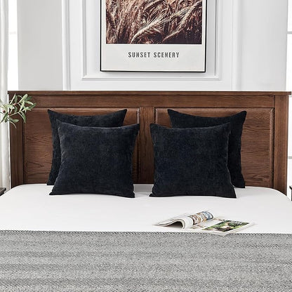 GAWAMAY Decorative Square Throw Pillow Covers 18"x18" Inch Set of 4, Super Soft Chenille Pillows Farmhouse Fall Pillowcase for Living Room Bedroom Sofa Couch Cushion Cover Black 45x45cm (No Insert)