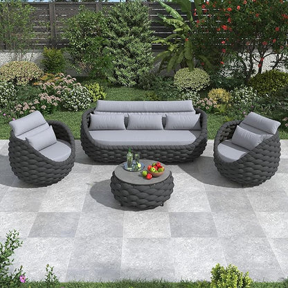 Modern Outdoor Living Room Furniture Set: 4-Piece Alumunim Assembled Woven Rope Accent Patio Conversation Set, All-Weather Lounge Sofa Set for Porch Backyard Garden Deck Poolside Hotel