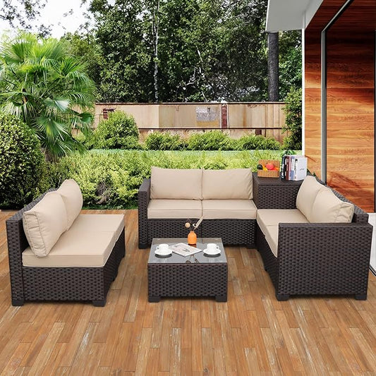 Valita 6 Pieces Patio PE Wicker Furniture Set Outdoor Brown Rattan Sectional Conversation Sofa Chair with Storage Table and Beige Cushions