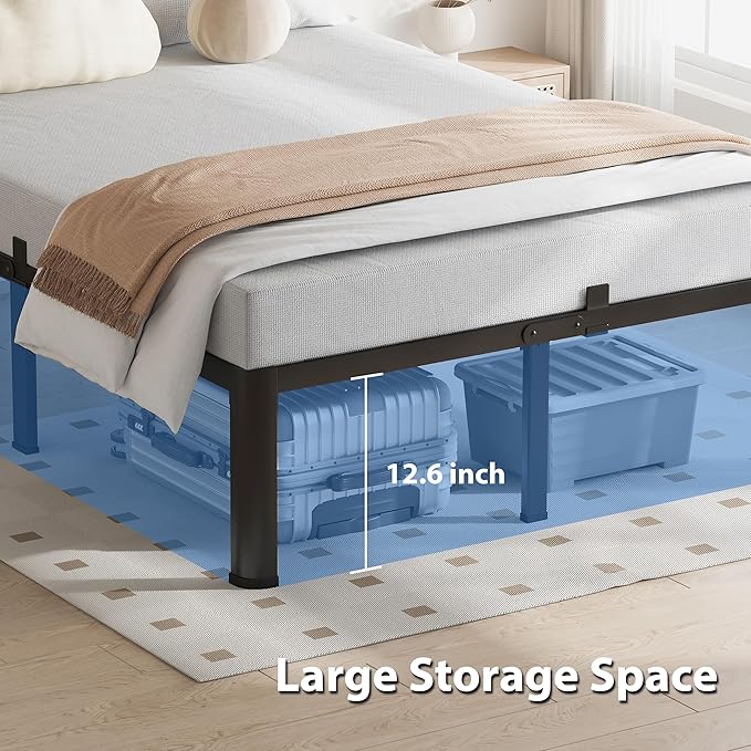 14 Inch Queen Bed Frame, 3500Lbs Heavy Duty Metal Platform with Round Corner Legs Mattress Slide Stopper, Steel Slat Support No Box Spring Needed, Noise Free, Non-Slip, Easy Assembly