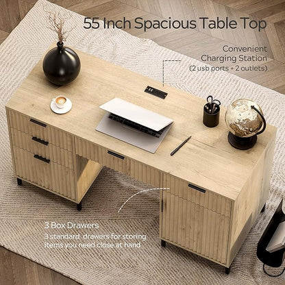 55" Fluted Executive Desk, Modern Wood Home Office Desk with Charging Station, Keyboard Tray, File Drawer, Storage Cabinet for Work Study Writing Desk, Light Oak