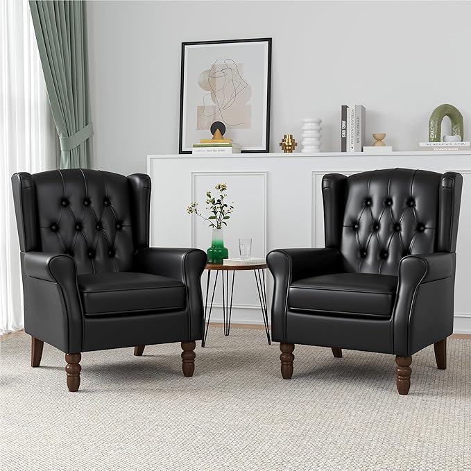 High Back Accent Chairs Set of 2, Faux Leather Wingback Chair for Living Room, Button-Tufted Upholstered Armchair with Solid Wood Legs, Comfy Single Sofa Reading Chair for Bedroom, Black