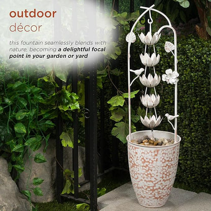 Alpine Corporation YHL866 30"" Metal Rustic Water Fountain with Decorative Flower – Cascading Waterfall Feature for Gardens, Patios, and Outdoor Décor, White