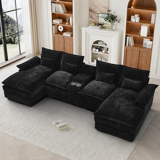 HYJT-H&K 124" U Shaped Cloud Couch Sectional, Comfy Fluffy Chenille Black Sectional Couches for Living Room, Modern Modular Sectionals Sofa with Central Console Double Chaise Lounge Black