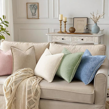 decorUhome Chenille Soft Throw Pillow Covers 26x26 Set of 2, Farmhouse Velvet Neutral Decorative Euro Pillow Covers with Stitched Edge for Couch Sofa Bed Home Decor, Beige