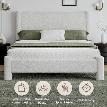 Full Size Bed Frame, Boucle Upholstered Platform Bed with Headboard and Footboard, Soft Rounded Corners, No Box Spring Required, Easy Assembly, White