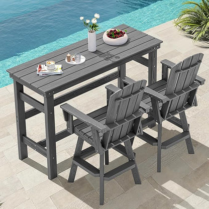 SERWALL 3-Piece Swivel Adirondack Bar Set, HDPE Swivel Bar Height Chairs Set of 2 with Bar Table, All-Weather Outdoor Barstools for Patio, Poolside, Garden, Grey