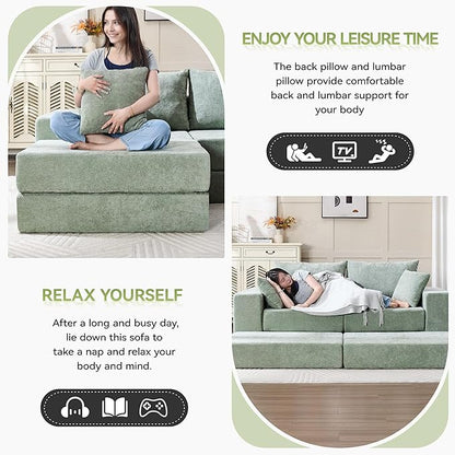 79" Boneless Loveseat Sofa Couch, Modular Foldable Floor Cloud Sofa with Ottoman, Lounge Convertible Sofa Bed for Living Room, No Assembly, Chenille Green