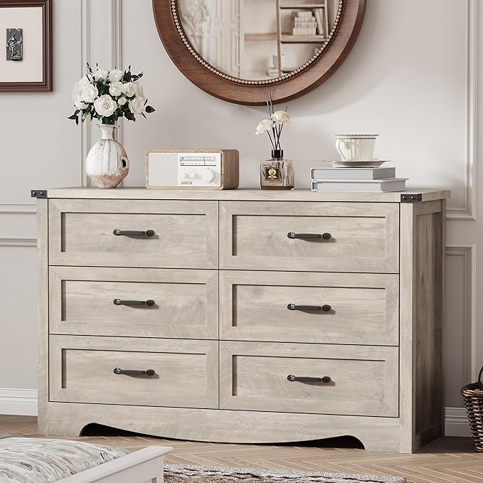 Dresser for Bedroom with 6 Drawers, 48" Wide Wood Chest of Drawers with Deep Drawers & Mental Handle, Modern Dresser TV Stand, Wooden Closet Storage Organizer for Living Room, Hallway, Entryway, Grey