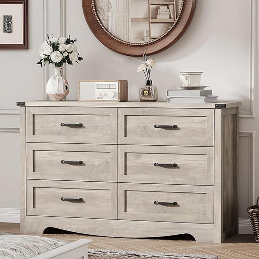 Dresser for Bedroom with 6 Drawers, 48" Wide Wood Chest of Drawers with Deep Drawers & Mental Handle, Modern Dresser TV Stand, Wooden Closet Storage Organizer for Living Room, Hallway, Entryway, Grey