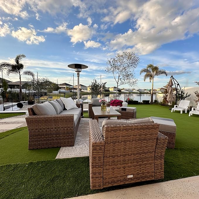 Swivel Glider 5 Piece Outdoor Furniture Set with Swivel Chairs, Wicker Patio Furniture with 4.92" Wide Armrest, 26.3" Deep Seating and 5.5" Thick Cushions, Grey