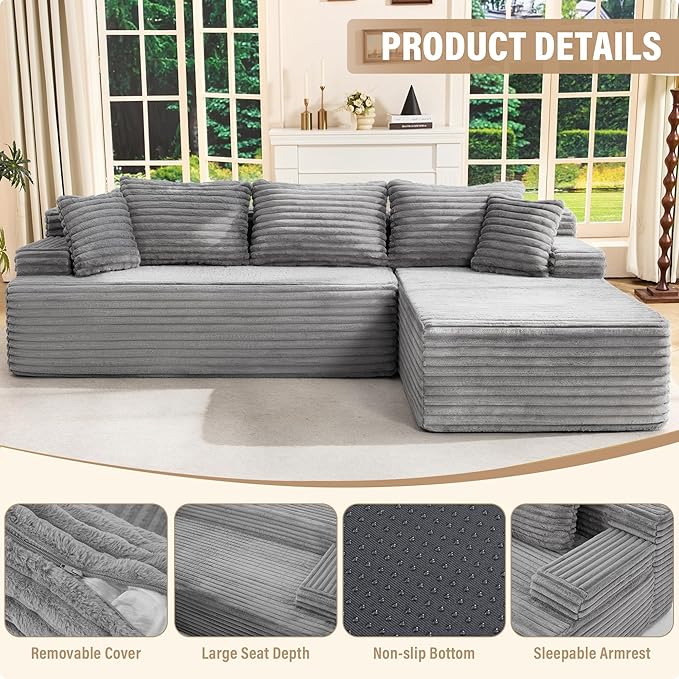 Hobestluk Modular Sectional Couch Sofa,96" Boneless Couches for Living Room, Memory Foam Sectional Couch with Oversized Chaise,L-Shape Couches (Grey, Right Facing)
