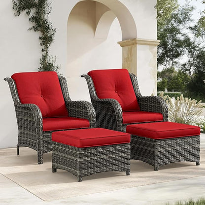 4 Pieces Patio Conversation Set, Wicker Chairs Set of 2 and Two Ottomans with 3.5-inch Seat Cushions, High Back and Curved Armrest for Backyard, Balcony and Deck, Red