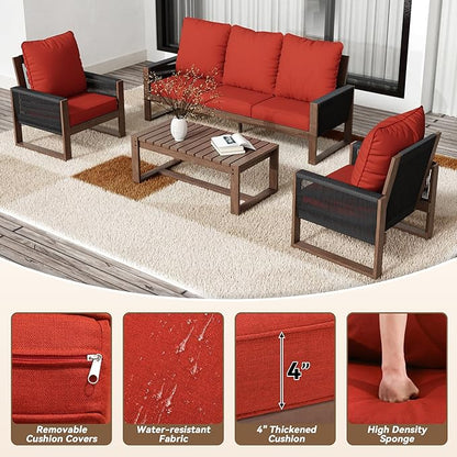 4 Piece Patio Furniture Set, Wooden Outdoor Furniture Conversation Set with Coffee Table, Modern PE Wicker Patio Chairs Conversation Sets with Sofa for Garden, Terrace, Porch, Balconies, Lawns