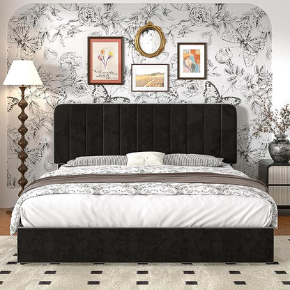 VECELO Queen Size Upholstered Bed Frame with 4 Drawers and Headboard, Velvet Platform Storage Bedframe, Wooden Slats Support, No Box Spring Needed,Black