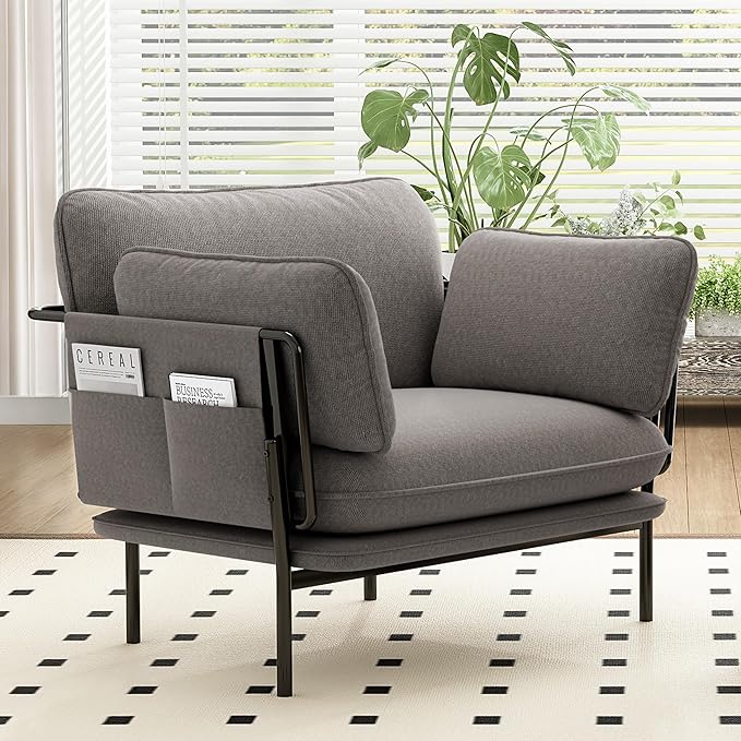 Modern Accent Chair for Living Room, Oversized Reading Chair with Solid Metal Legs, Upholstered Fabric Armchair with Side Pockets and 2 Pillows, Comfy Accent Chairs for Bedroom, Nursery, Khaki