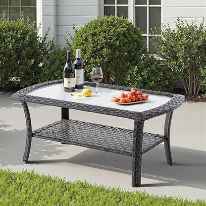 7 PCS Patio Outdoor Furniture Set with Swivel Rocking Chairs,All Weather Wicker Rattan Patio Seating Sofa and Chairs Set,Outdoor Conversaiton Sets for Deck Yard Prrch Garden Poolside,Blue