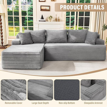 Hobestluk Modular Sectional Couch Sofa,96" Boneless Couches for Living Room, Memory Foam Sectional Couch with Oversized Chaise,L-Shape Couches (Grey, Left Facing)