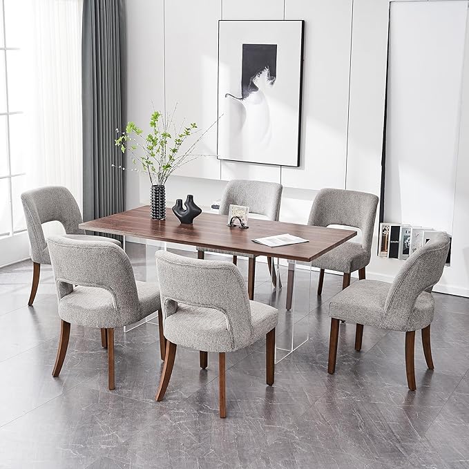 VKNOW Wooden Dining Chairs Set of 6, Modern Fabric Upholstered Dining Room Chair Kitchen Chairs, Farmhouse Dinner Chair for Kitchen Dining Room, Grey