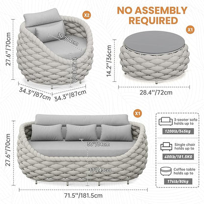4 Pieces Woven Rope Patio Conversation Set: Rustproof Aluminum Frame, Weather Resistant, Thick Cushions, No Assembly, Easy to Clean, Comfy Outdoor Sofa Set for Porch Deck Yard Hotel - Gray