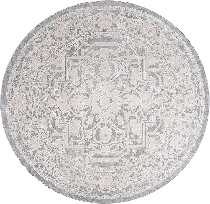 SAFAVIEH Area Rug 5' Round - Reflection Collection - Light Grey & Cream, Non-Shedding & Easy Cleaning, Ideal for Living Room, Bedroom (RFT665C)