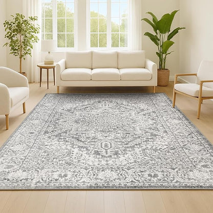 JONATHAN Y Modern Vintage Medallion Light Gray Indoor Area Rug, 4x6, Country, Floral, Easy-Cleaning for Living Room, Bedroom, Kitchen, Pet Friendly, Non-Shedding (MDP100A-4)