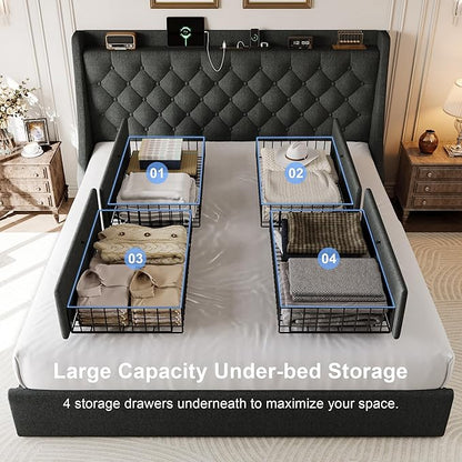 King Size Upholstered Platform Bed Frame with 4 Storage Drawers and Charging Station, Linen Button Tufted Wingback Headboard, Sturdy Wooden Support Slats, No Box Spring Needed, Dark Grey