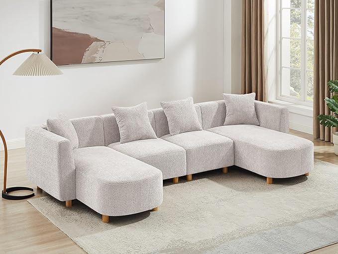 VANOMi 113" Sectional Sofa with 4 Pillows, U-Shaped 4-Seater Comfy Boucle Cloud Couch, Modern Double Chaises Lounge Sofas for Living Room, Office, Apartment (Light Khaki-U)