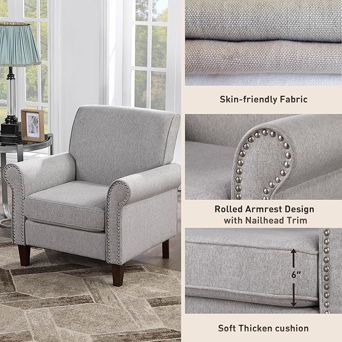 Prilinex Upholstered Living Room Chair Set of 4 - Large Comfy Fabric Accent Chair Single Sofa with Cushion, Rolled Armrest & Nailhead Trim, Mid Century Modern Armchair for Bedroom, Office, Grey