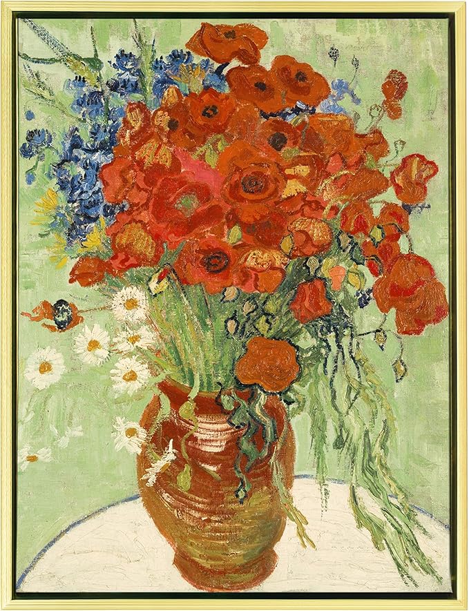Wieco Art Framed Wall Art Canvas Prints of Red Poppies and Daisies Canvas Prints Wall Art of Van Gogh Paintings Reproduction Abstract Artwork for Wall Decor Golden Frame