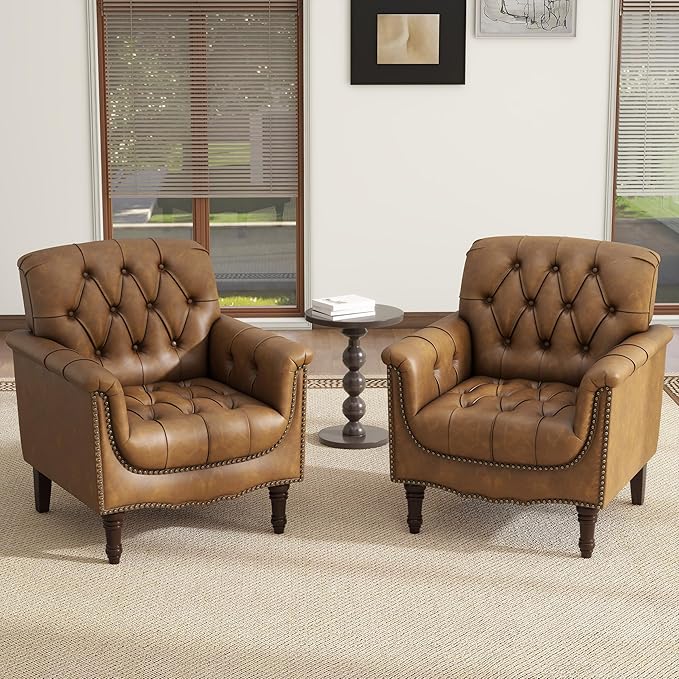 Lumibee Faux Leather Accent Chairs Set of 2, Contemporary Armchairs with Nailhead Trims & Wood Legs for Living Room, Upholstered Comfy Arm Chairs for Office,Bedroom-Camel