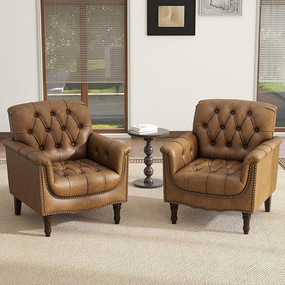 Lumibee Faux Leather Accent Chairs Set of 2, Contemporary Armchairs with Nailhead Trims & Wood Legs for Living Room, Upholstered Comfy Arm Chairs for Office,Bedroom-Camel