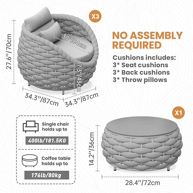 4 Pieces Courtyard Seating Set: Aluminum Woven Rope Patio Furniture Chair Set - All Weather Metal Outdoor Conversation Set - Assembled Armchair with Table Set for Bistro Deck Porch Balcony, Grey