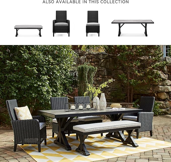 Signature Design by Ashley Beachcroft Casual Nuvella Weather Resistant Fabric Outdoor Bench with Cushion, Light Gray & Black