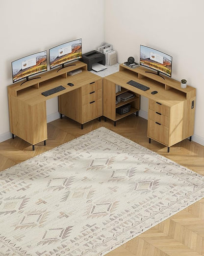 55'' Fluted Executive Desk with Drawers, Modern Home Office Computer Desk with Charging Station, File Drawer, Monitor Stand, Storage Shelf for Work Writing Study, Natural Oak