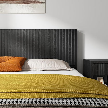 KEIKI Wooden Queen Size Headboard Only, 64.5" Wide Farmhouse Headboards with Wall Mounted Fluted Panel & Wingback for Bedroom, Black Oak