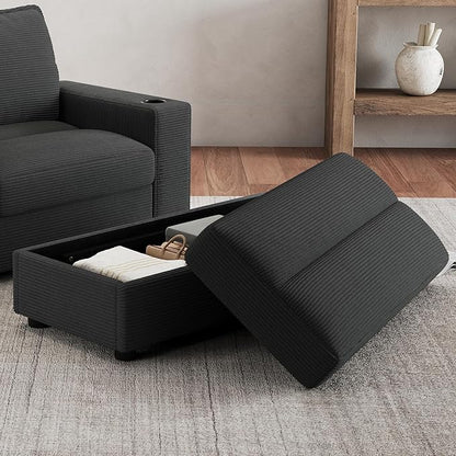 Christopher Knight Home Zoe Oversized Chaise Lounge Chair Indoor with Cup Holders & USB Charging Port, Corduroy Upholstered Sofa Bed + Ottoman with Storage, Comfy Deep Seat Sleeper Sofa Chair, Grey