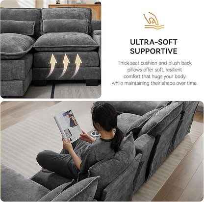 125'' U Shaped Cloud Modular Sofa with Chaise Lounges, Chenille Upholstered Comfy Sectional Couch with Storage Console, USB Charging Ports & Cup Holders, Modern Deep Seat Sofa for Living Room, Grey