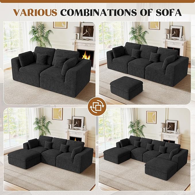 144" Cloud Sectional Couches for Living Room, Convertible U-Shape Couch with Ottoman, 6 Seater Modular Sectional Sofa,Black Chenille