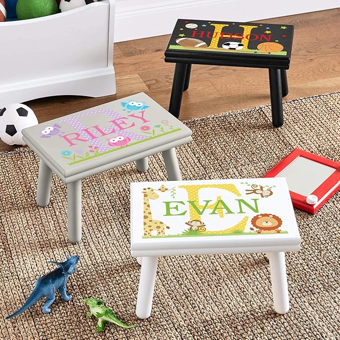 Let’s Make Memories Personalized My Own Name Step Stool - Children’s Step Stool - Sturdy Wood – Non-Toxic Paint, Sealer - Sports Design - White - 14’Wx9.25”Lx8.75”H - Ages 3+
