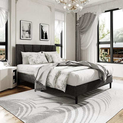 Full Size Platform Bed Frame with Modern Upholstered Headboard, Wooden Slats Support, Noise Free, No Box Spring Needed, Easy Assembly, Dark Grey, Linen