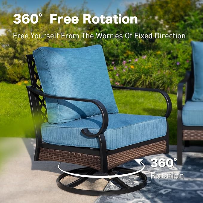 6 Piece Metal Outdoor Patio Furniture Set - 1 3-Seater Sofa, 2 Fixed & 2 Swivel Sofas with 5.75" Thick Cushion & Coffee Table - Black & Blue