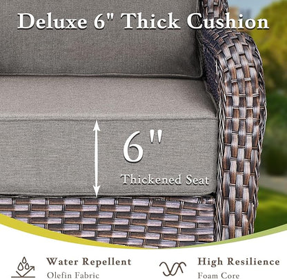 Luxury High Back Outdoor Furniture with 6-inch Extra Thick Cushions, Patio Furniture Set with Fire Pit Table & Swivel Chairs, 7 PCS Wicker Conversation Set for Yard, Deck, Poolside, Brown/Grey