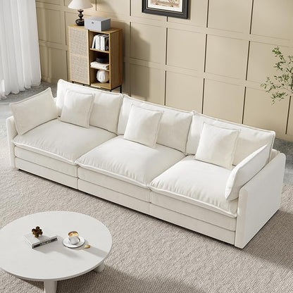 Modular Sectional Sofa, 111.5 Inch I-Shaped Cloud Sofa with Deep Seat Chenille Sofa with Cushions, Three-Self Sectional Sofa for Living Room Apartment,White