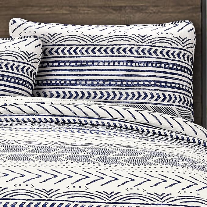 Lush Decor Hygge Geo Pattern Striped 3 Piece Quilt Bedding Set, Full/Queen, Navy & White