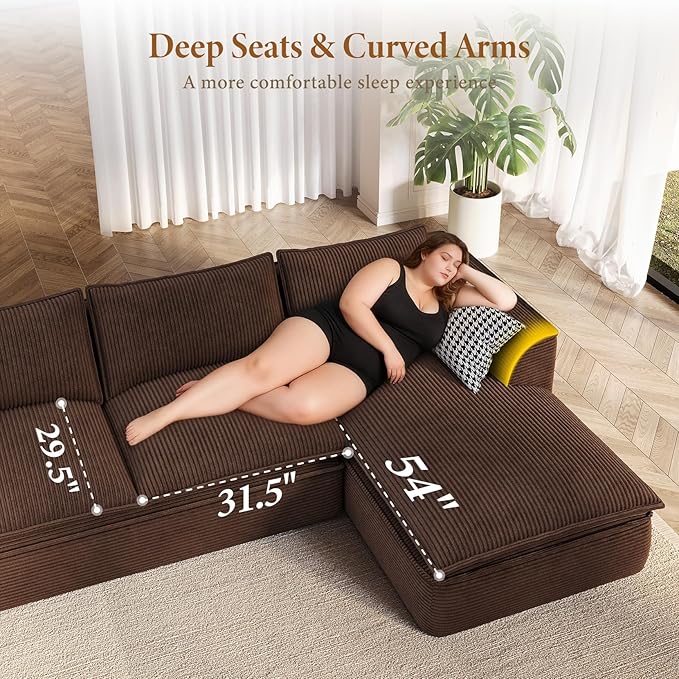 Vesgantti 141.7" Oversized Boneless Sectional Couch, Modern 7 Seater Modular Sofa with Chaise & Ottoman, Deep Seat Corduroy Cloud Couches for Living Room, No Assembly Required, Dark Brown