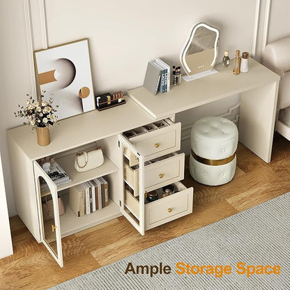 RoyalCraft L Shaped Home Office Desk, Large Extendable and Rotatable Desk with 3 Drawers and 2 Doors, Corner Computer Desk, Modern Study Writing Table for Bedroom, Home Office, Beige